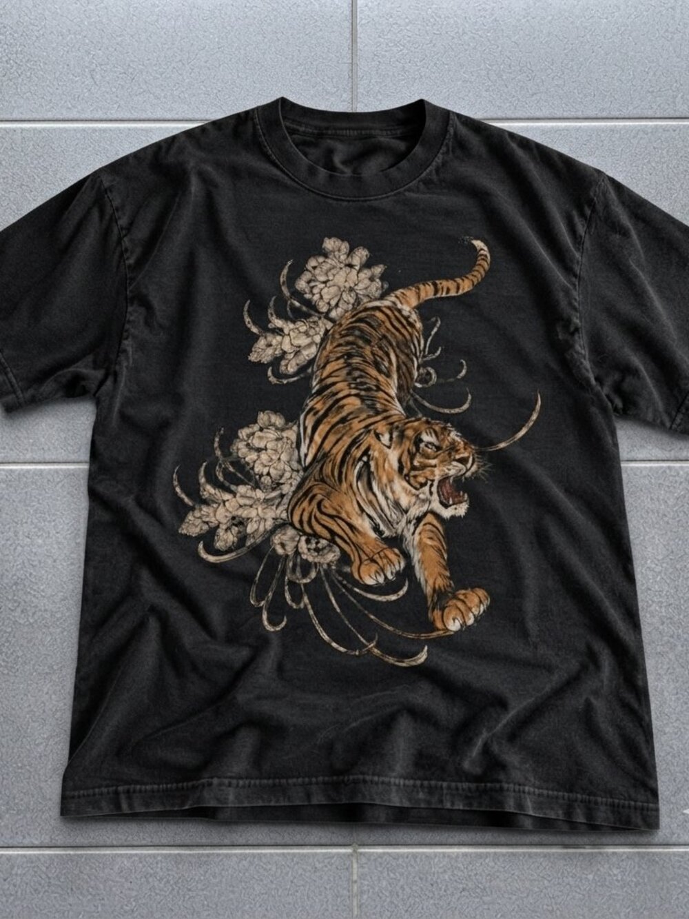 Japanese Art Tiger Flowers Black Tee - Reprinted